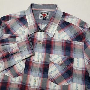 Desert Son Mens Plaid Snap Front Western Shirt XL Red Blue White Feather Print